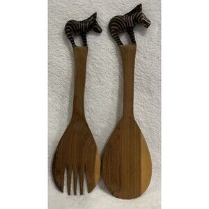 Wooden Salad Servers Serving Spoon & Fork With Zebra Handle 11 1/2” -11 3/4 Long
